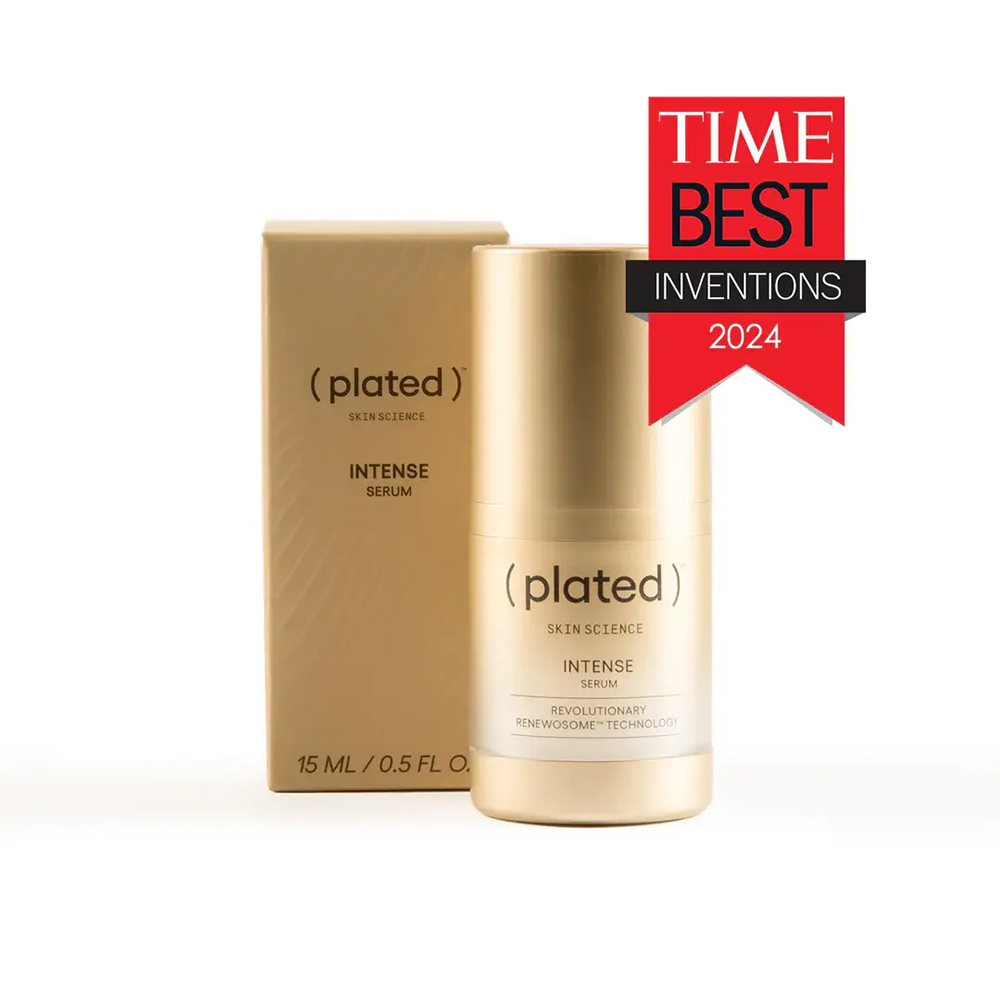 Plated Intense Serum with packaging and TIME Best Inventions 2024 award on a white background