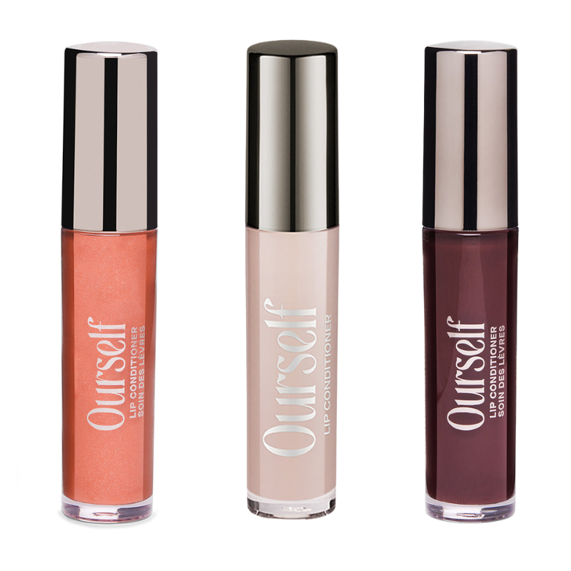 Ourself lip conditioner all three options with silver caps on a white background