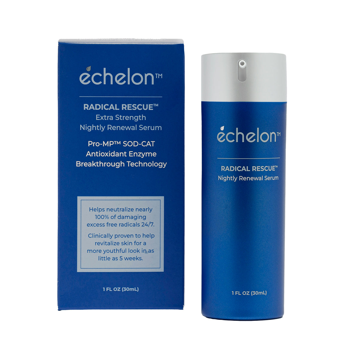 A blue and white Echelon Radical Rescue Nightly Renewal Serum set, featuring the product bottle next to its retail box on a plain white background.