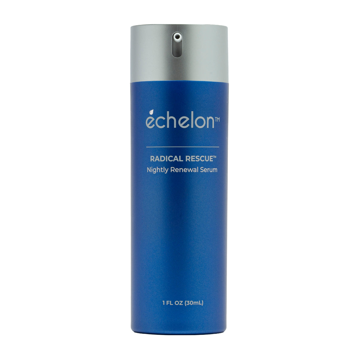 A 1 fl oz blue bottle of échelon Radical Rescue Nightly Renewal Serum with a silver cap, shown on a plain white background.