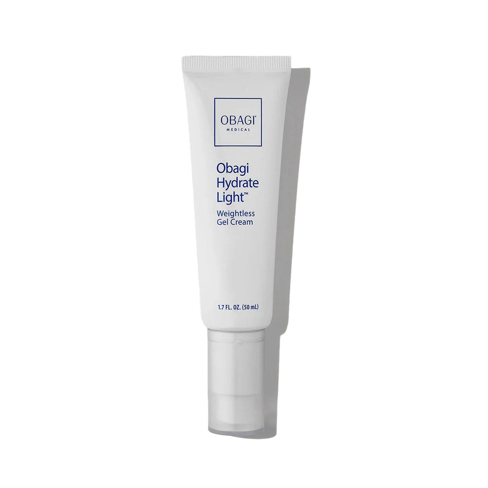 Obagi Hydrate Light weightless gel cream moisturizer tube on a white background. 1.7fl oz/50mL