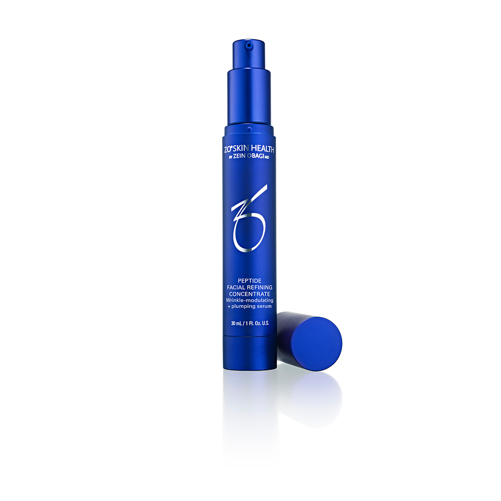 ZO Skin Health Peptide Facial Refining Concentrate tube with cap off on white background. 1oz/30mL size