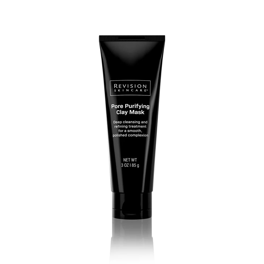 Black tube of Revision Skincare Pore Purifying Clay Mask on a white background
