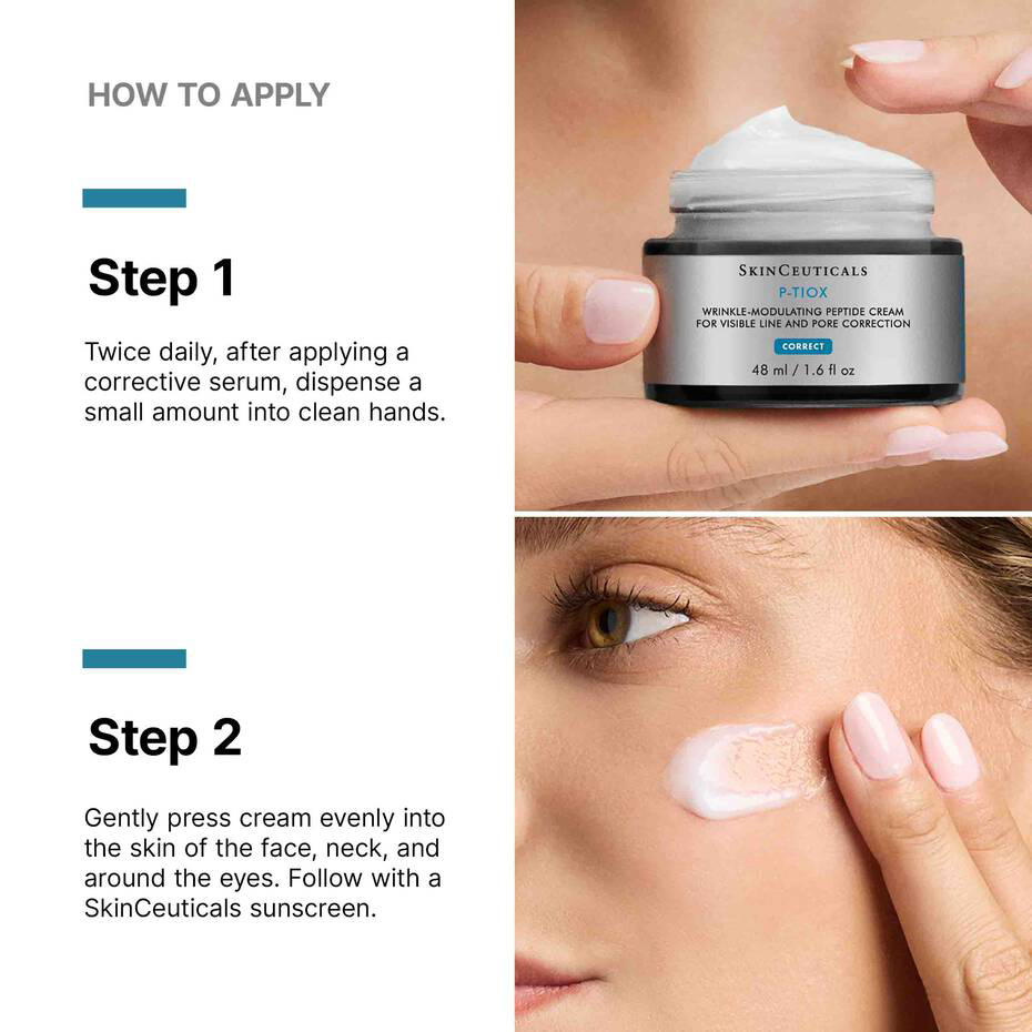 SkinCeuticals P-TIOX Wrinkle-Modulating Peptide Cream. Application steps 1 and 2