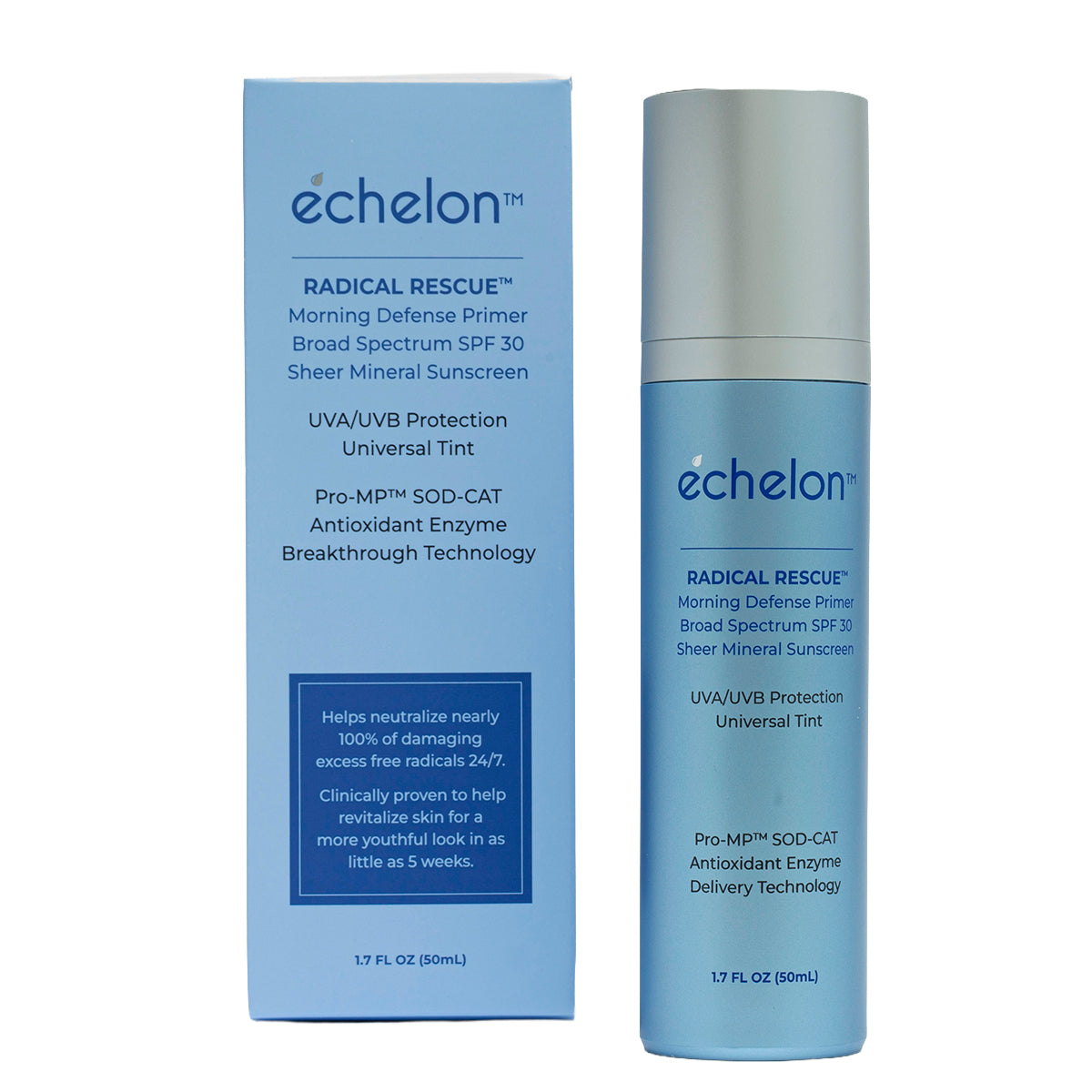 A box and matching bottle of échelon Radical Rescue Morning Defense Primer Broad Spectrum SPF 30 Sheer Mineral Sunscreen, shown on a plain white background.