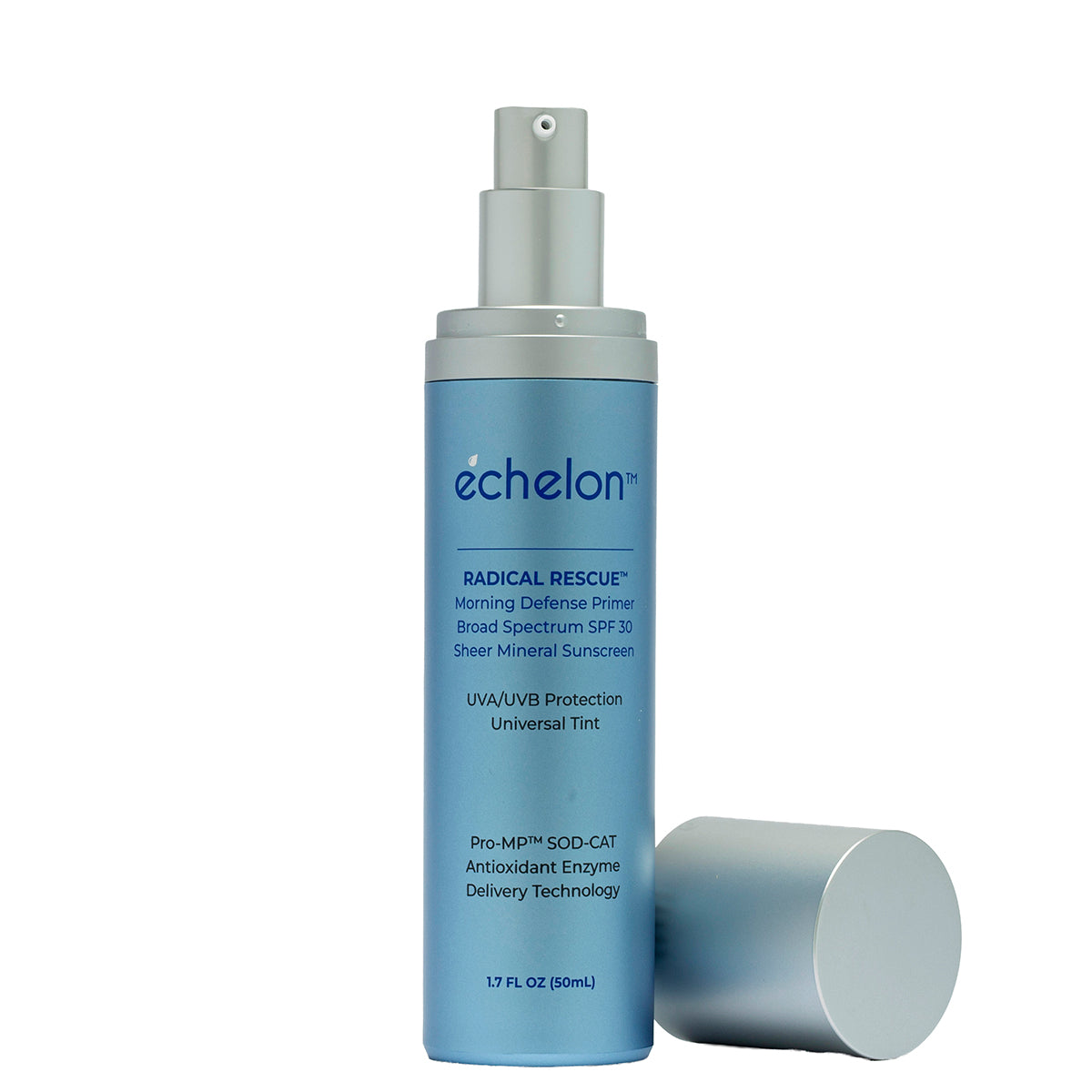 A light blue cylindrical skincare bottle labeled 'echelon RADICAL RESCUE' with a silver pump, shown on a white background with the cap placed beside it.