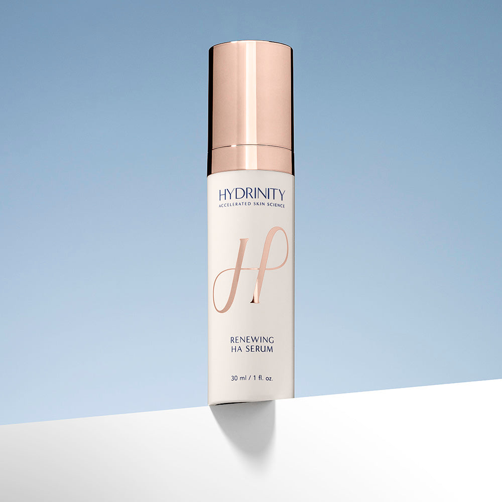 Hydrinity Renewing HA Serum 30ml/1fl. oz on blue and white background