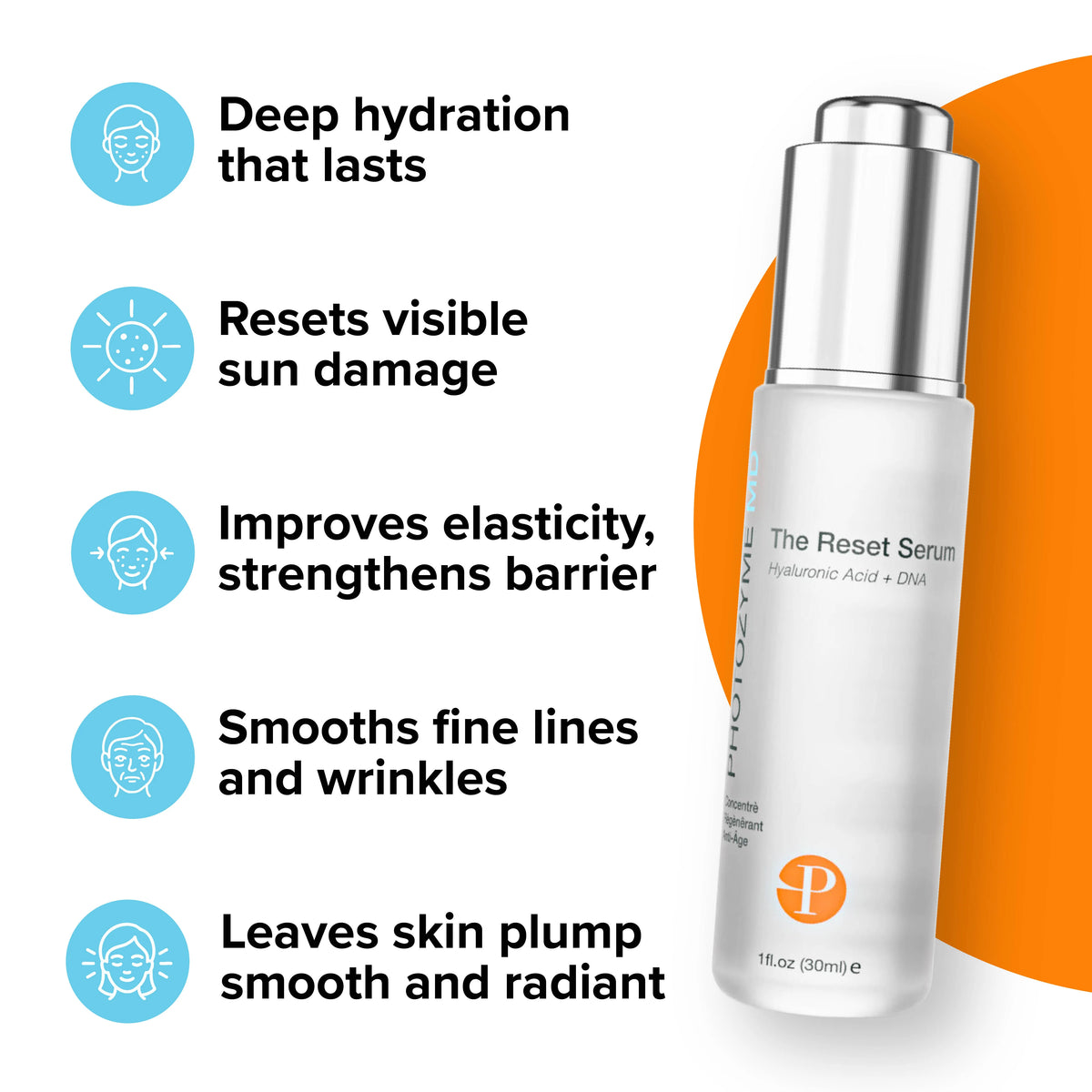PhotoZymeMD The Reset Serum Hyaluronic Acid + DNA 1 fl oz (30mL) main product with benefits