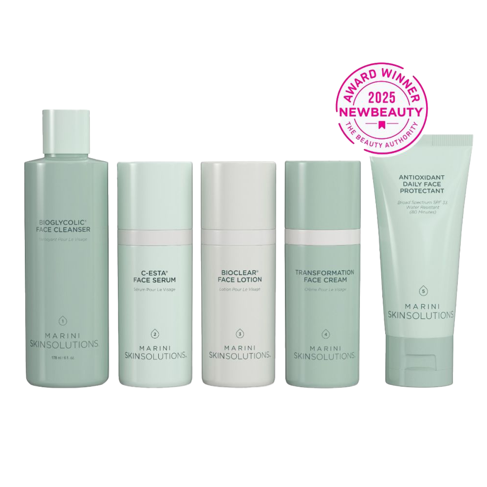 Set of skincare products from Marini Skinsolutions with an award badge on a white background