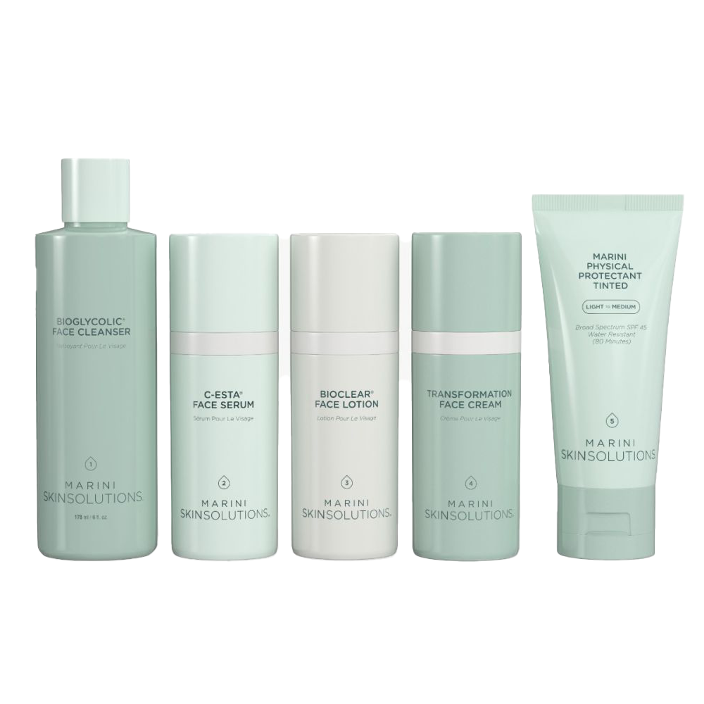 Set of skincare products from Marini Skinsolutions on a white background