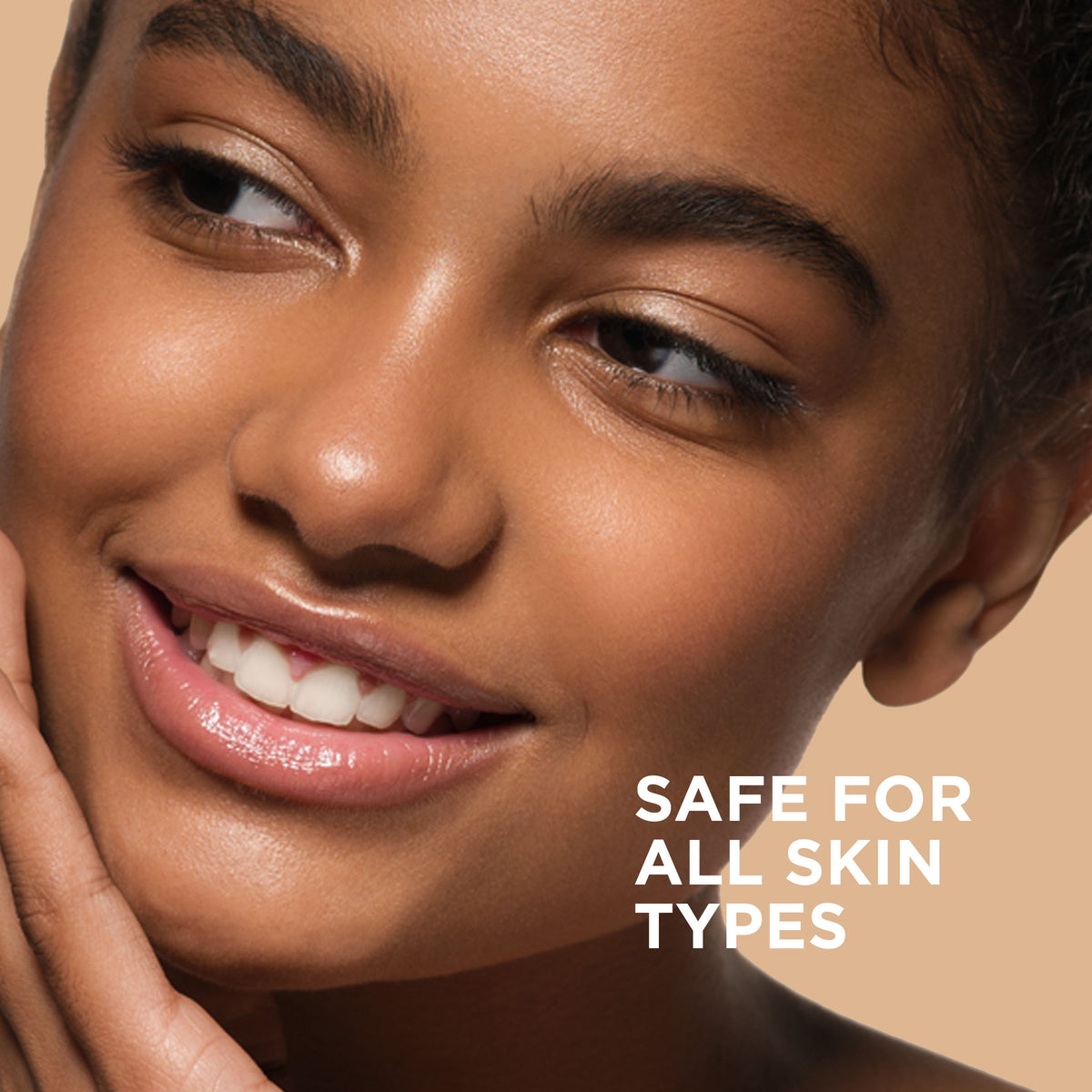 EltaMD model with text "safe for all skin types"