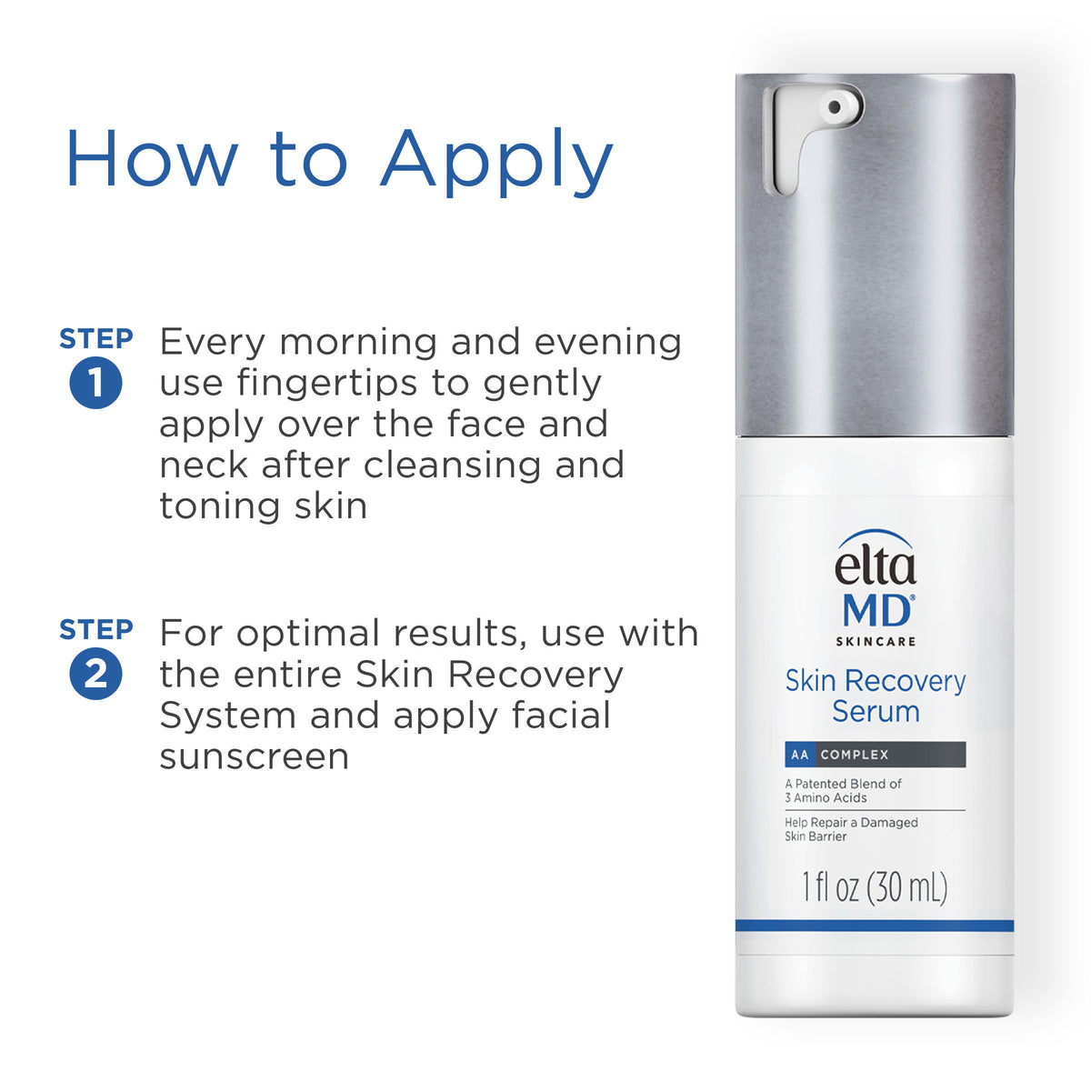 EltaMD Skin Recovery Serum bottle with application instructions on a white background