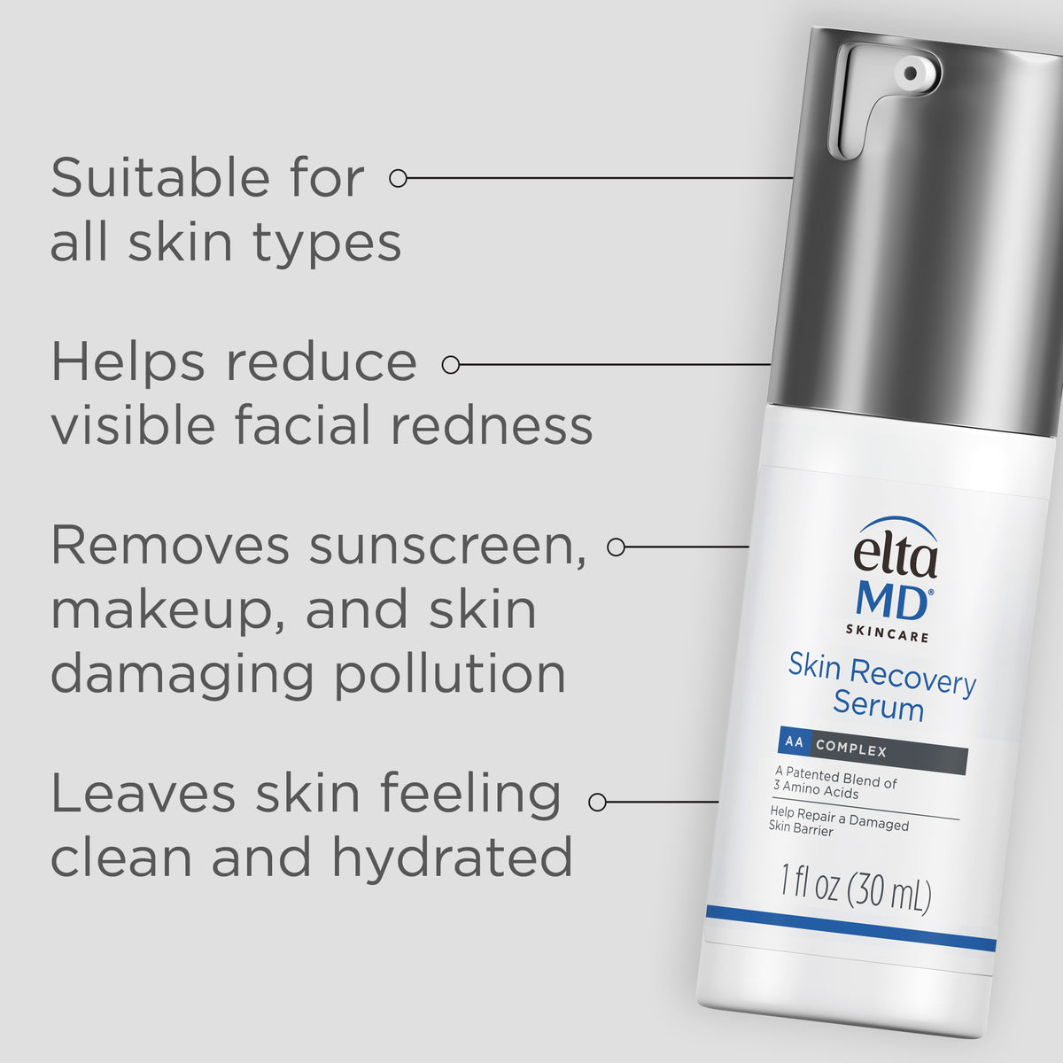 Eltamd Skin Recovery Serum bottle with product features on a white background