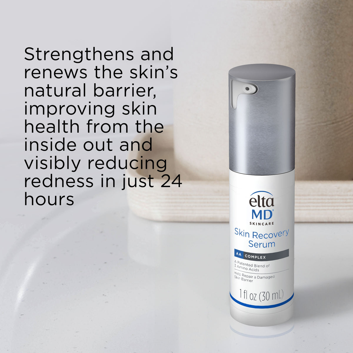 Eltamd Skin Recovery Serum bottle with text about skin health benefits.