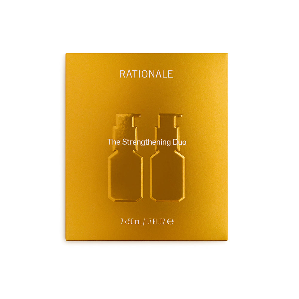 Gold packaging of Rationale labeled The Strengthening Duo on white background