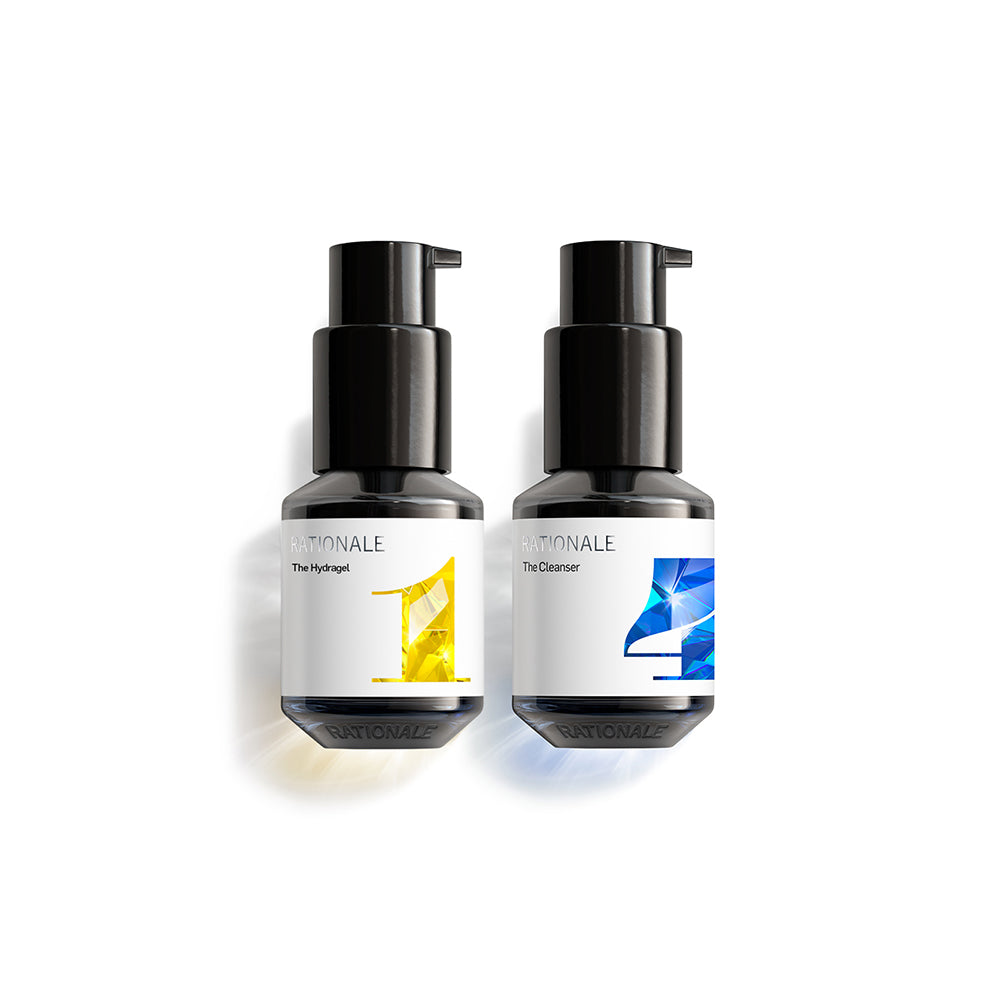 Two RATIONALE skincare bottles labeled '#1 The Hydragel' and '#4 The Cleanser' on a white background