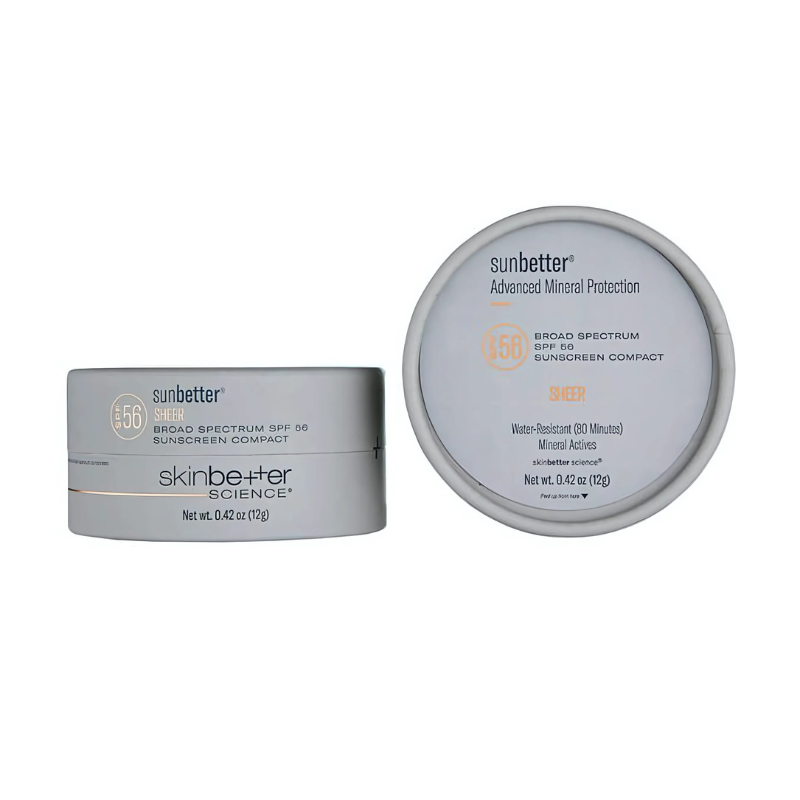 skinbetter science sunbetter SHEER SPF 56 Compact 0.42 oz / 12 g with box front and back