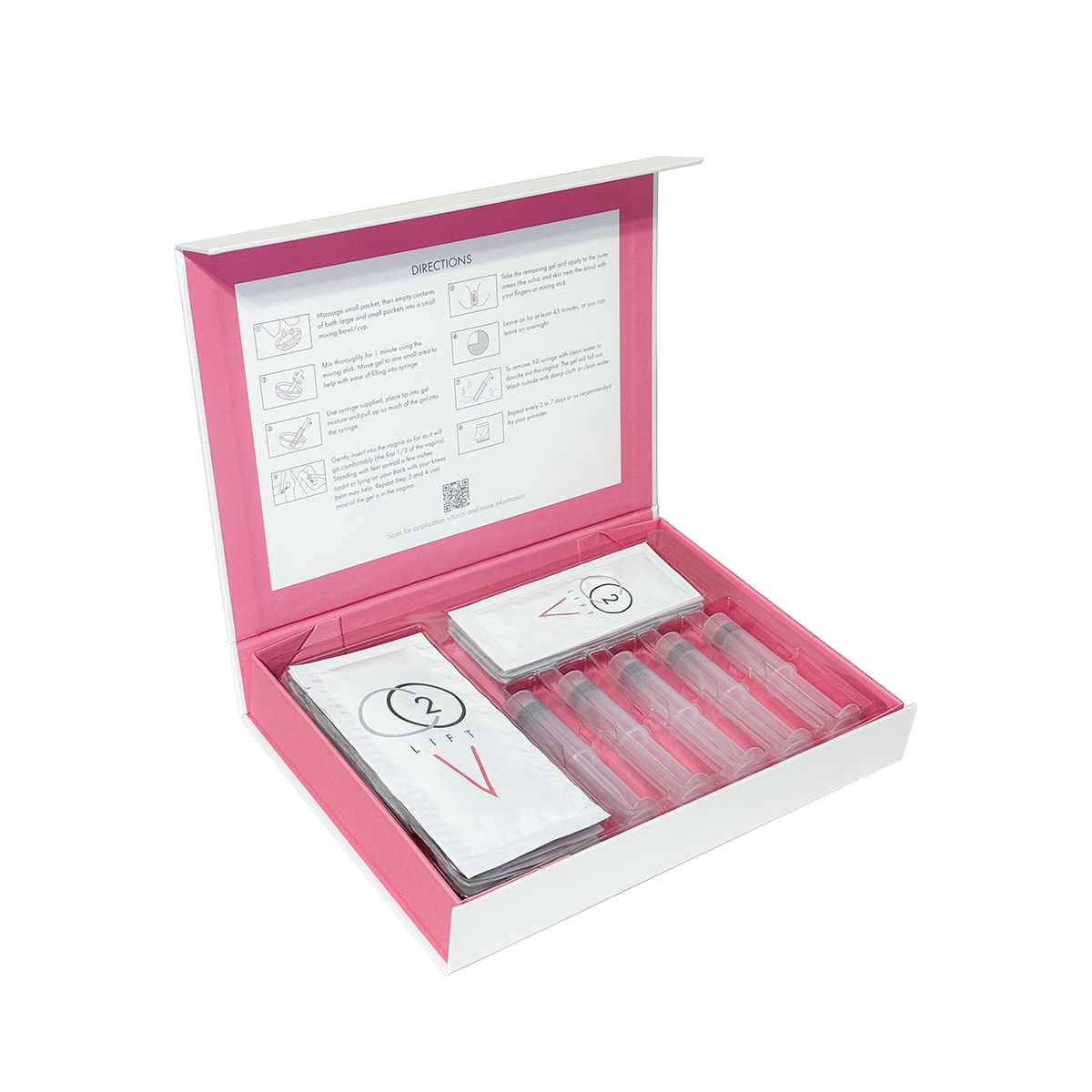 CO2LiftV Vulva/Vaginal Treatment, 5 treatment box open with applicators and directions
