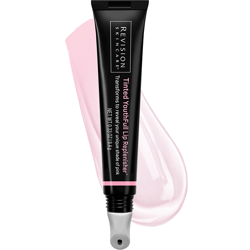 Revision Skincare Tinted Youthful Lip Replenisher with pink smear on white background